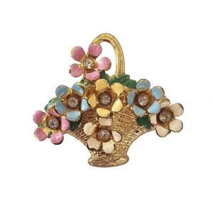Vintage Flowers in Basket Enamel and Gold Tone Brooch
